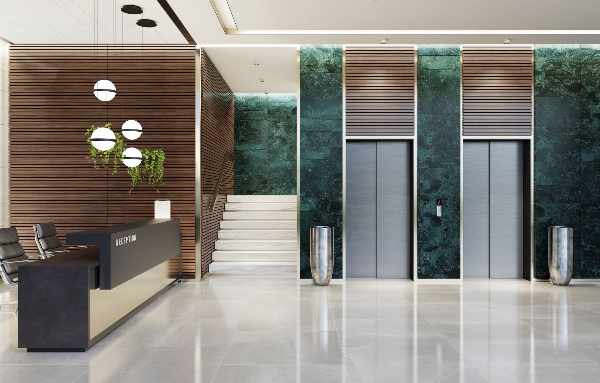 Escritórios Modernos lobby área interior com elevadores e escadas e com mesa de recepção longa